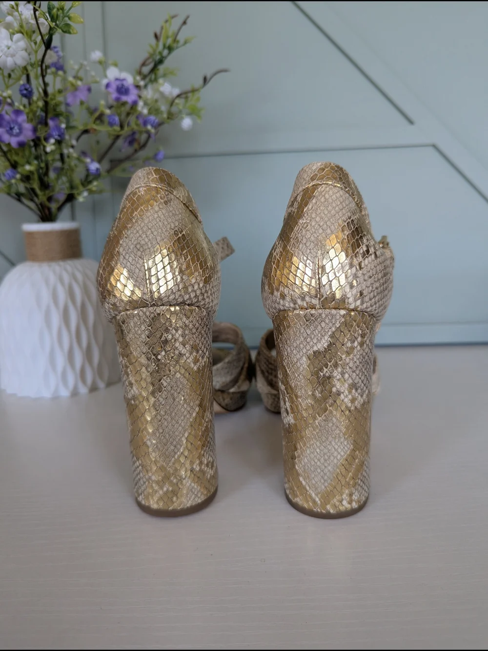 Michael Kors Gold Snakeskin Block Heel Sandals with Ankle Strap